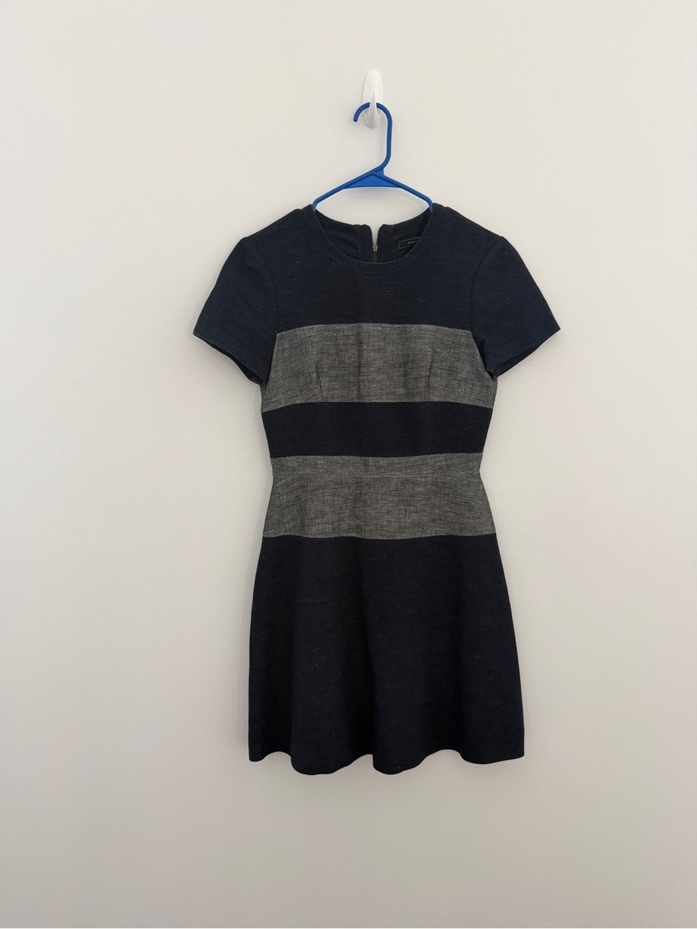BCBGMaxAzria Navy and Gray Striped Short Sleeve Dress